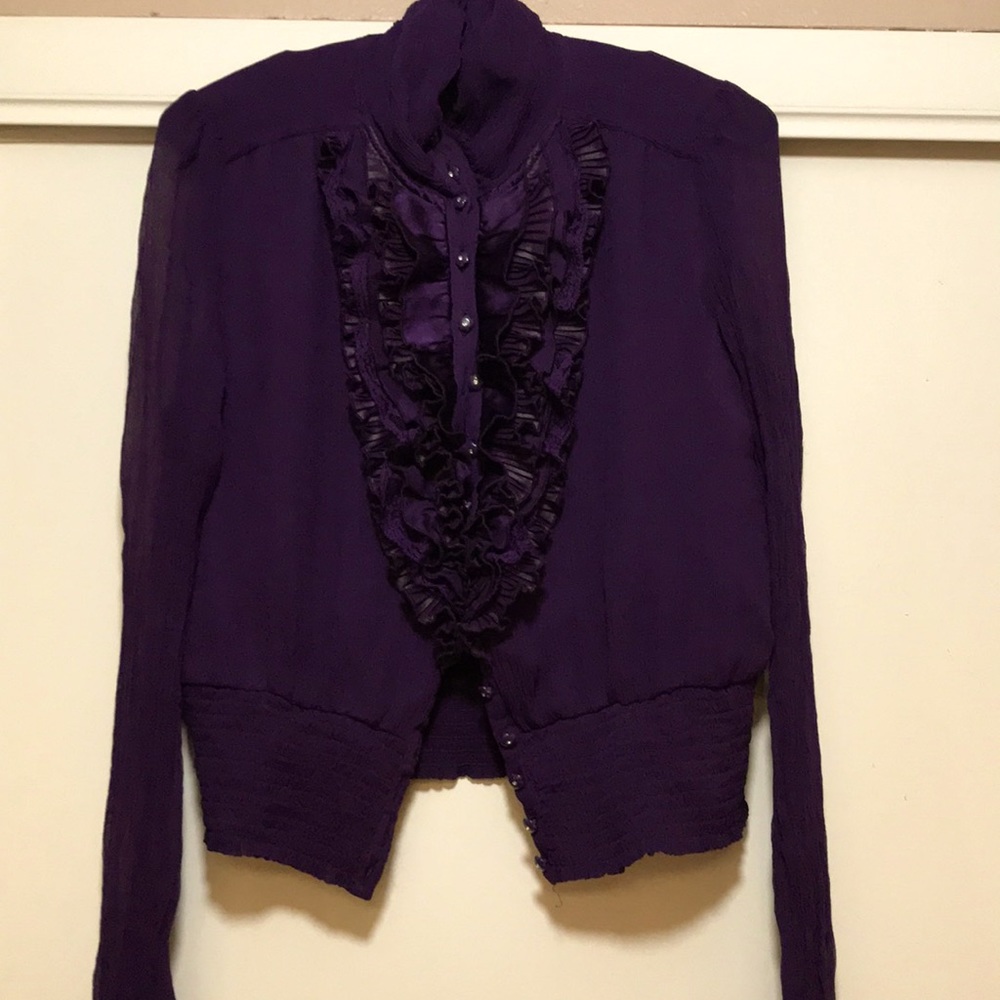 BEBE - Purple front ruffled sheer blouse, size (M)